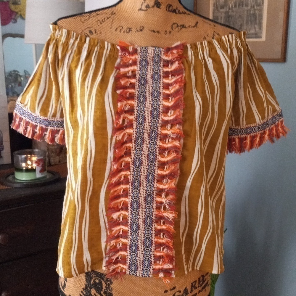 Altar'd State Mustard Striped Embroidered Off Shoulder Bohemian Blouse